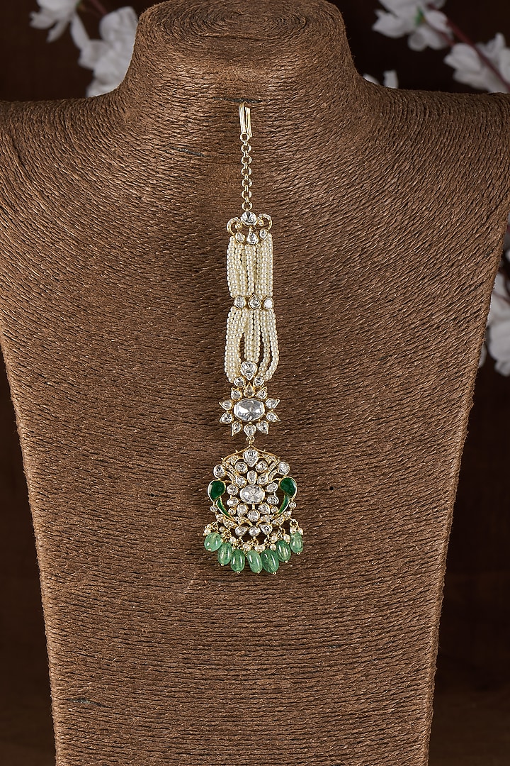 Gold Plated Moissanite Polki & Carved Green Onyx Maangikka In Sterling Silver by Kiara Luxe at Pernia's Pop Up Shop