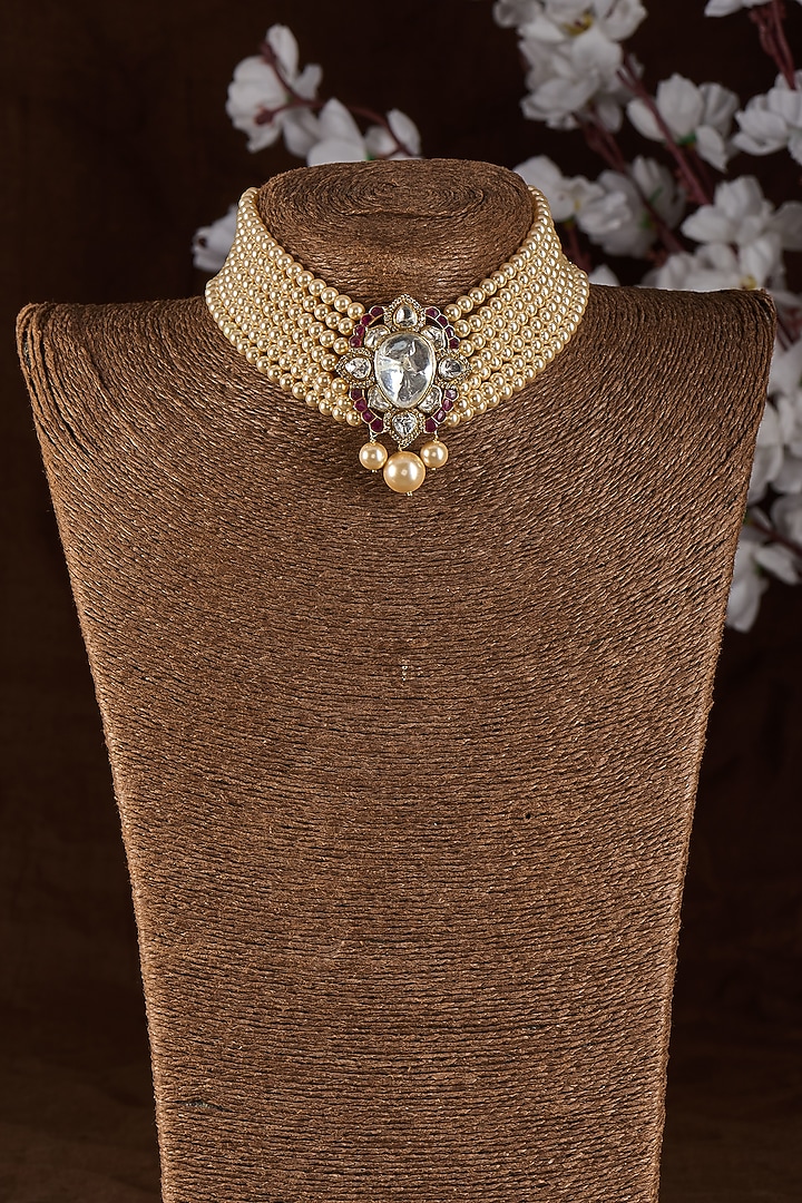Gold Plated Moissanite Polki & Hand-Cut Red Quartz Choker Necklace In Sterling Silver by Kiara Luxe at Pernia's Pop Up Shop