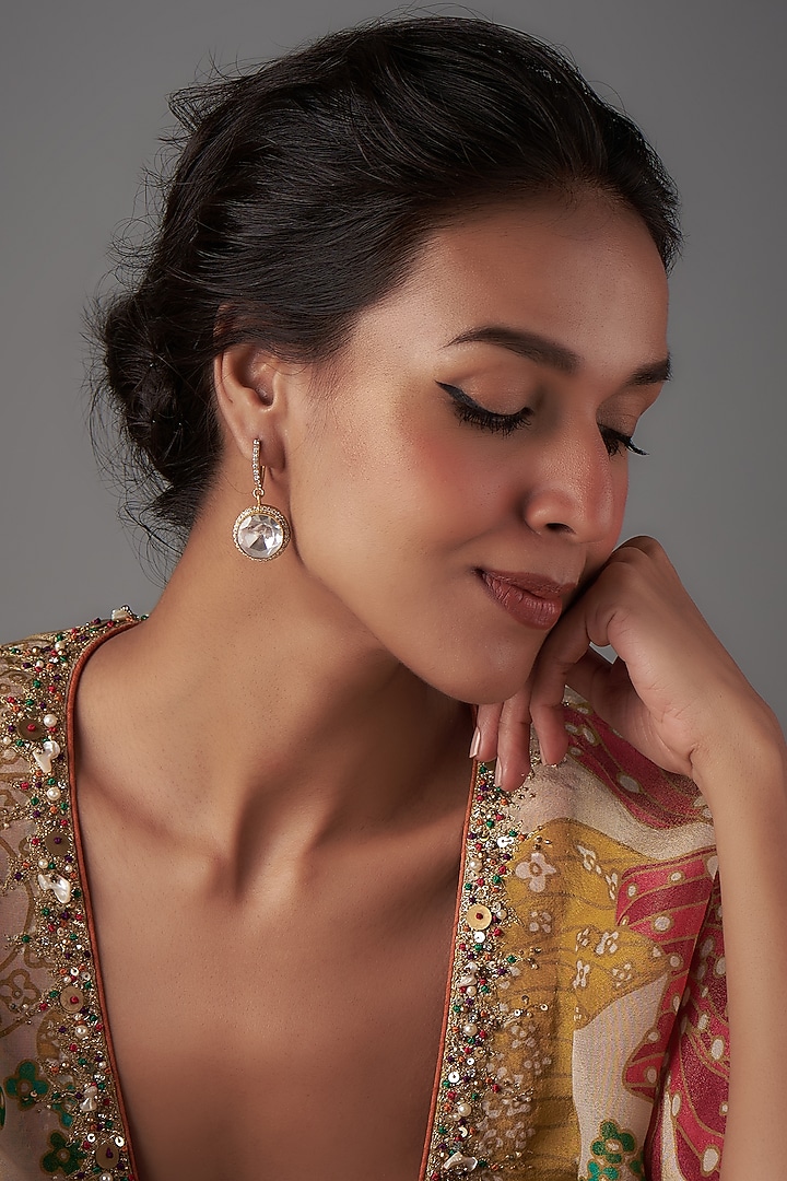 Gold Plated Moissanite Polki & Freshwater Pearl Dangler Earrings In Sterling Silver by Kiara Luxe at Pernia's Pop Up Shop
