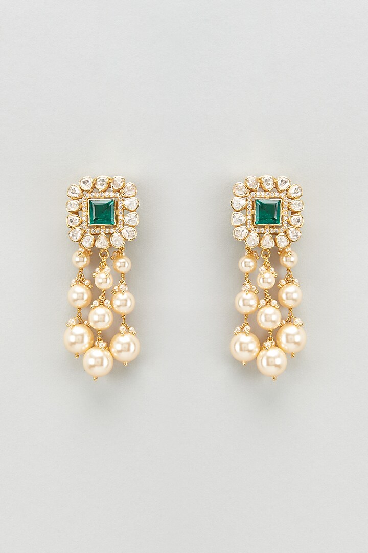 Gold Plated Moissanite Polki & Onyx Dangler Earrings In Sterling Silver by Kiara Luxe at Pernia's Pop Up Shop