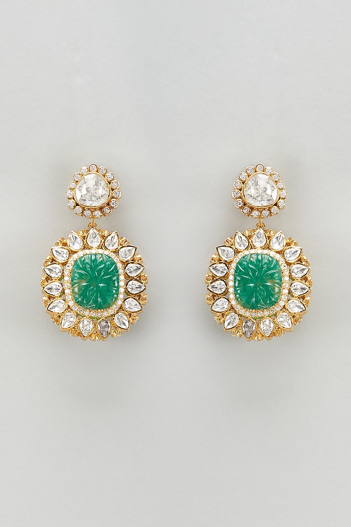 Gold Plated Moissanite Polki & Onyx Dangler Earrings In Sterling Silver by Kiara Luxe at Pernia's Pop Up Shop