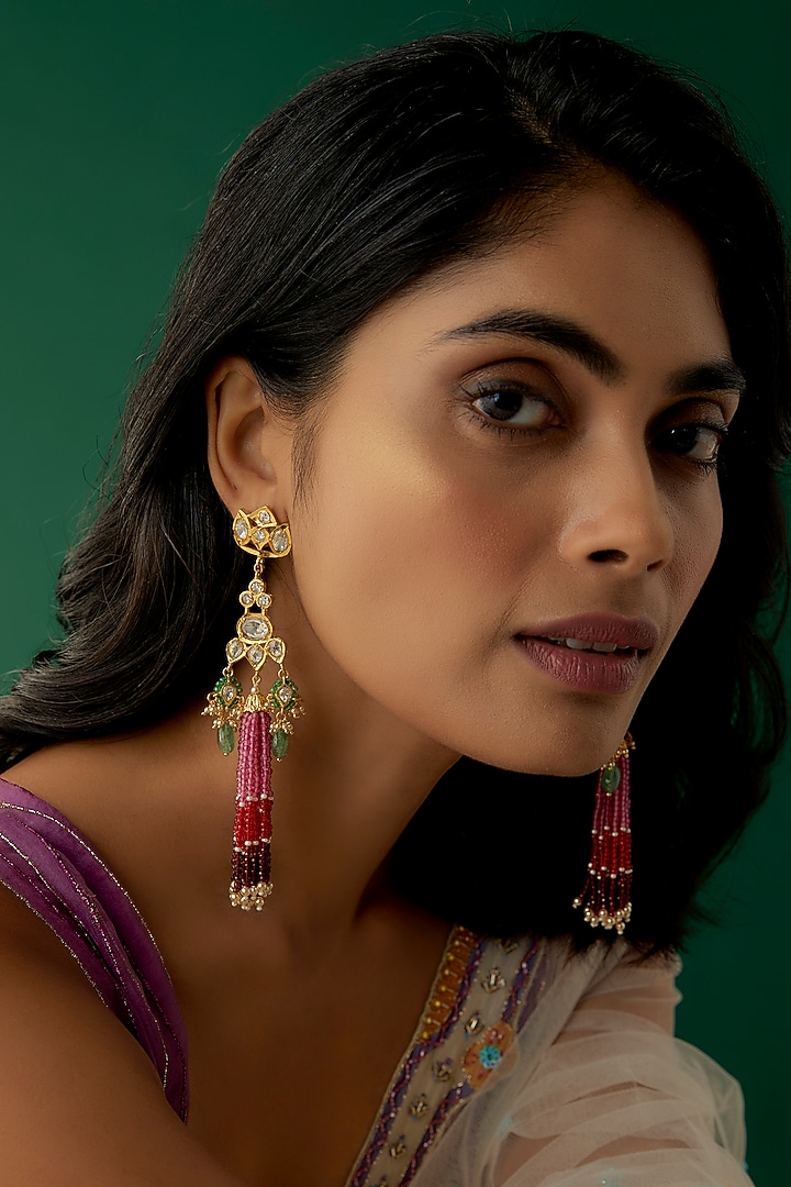 Gold Plated Green & Red Onyx Dangler Earrings In Sterling Silver by Kiara Luxe at Pernia's Pop Up Shop