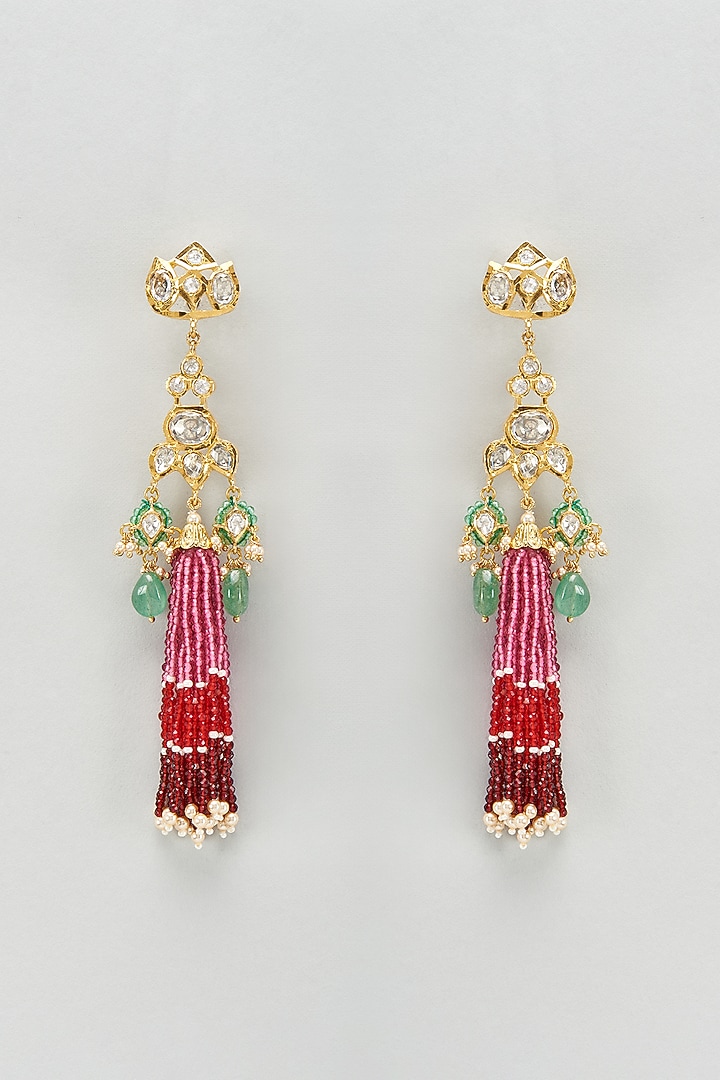 Gold Plated Green & Red Onyx Dangler Earrings In Sterling Silver by Kiara Luxe at Pernia's Pop Up Shop