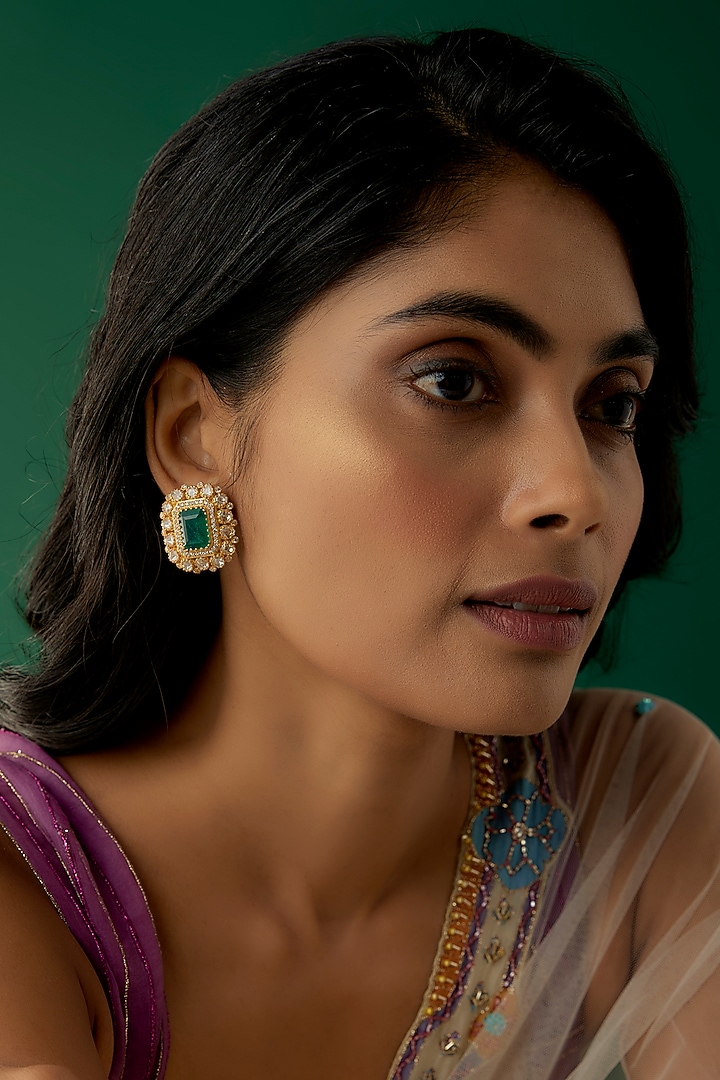 Gold Plated Moissanite Polki & Green Dublet Stone Stud Earrings In Sterling Silver by Kiara Luxe at Pernia's Pop Up Shop
