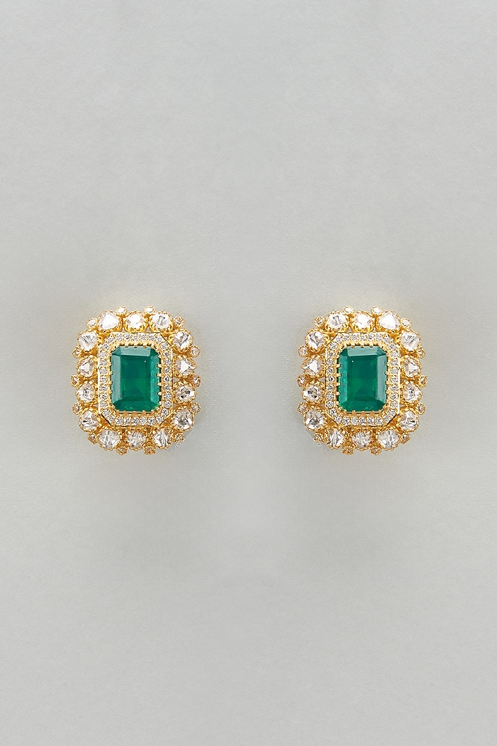 Gold Plated Moissanite Polki & Green Dublet Stone Stud Earrings In Sterling Silver by Kiara Luxe at Pernia's Pop Up Shop