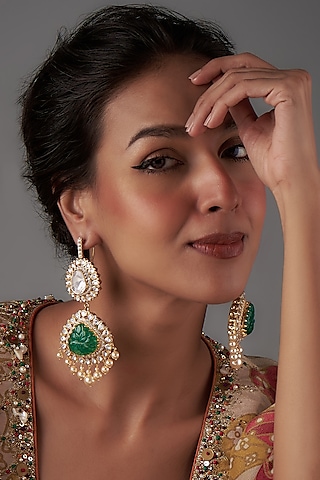 Gold Plated Moissanite Polki & Onyx Dangler Earrings In Sterling Silver by Kiara Luxe