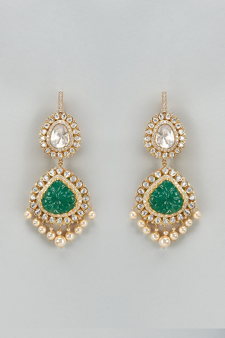 Gold Plated Moissanite Polki & Onyx Dangler Earrings In Sterling Silver by Kiara Luxe at Pernia's Pop Up Shop
