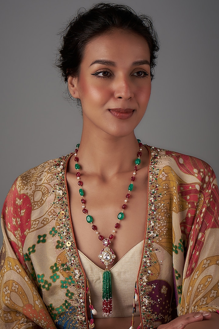 Gold Plated Moissanite Polki & Hand-Cut Quartz Long Necklace In Sterling Silver by Kiara Luxe at Pernia's Pop Up Shop