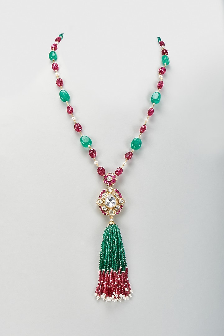 Gold Plated Moissanite Polki & Hand-Cut Quartz Long Necklace In Sterling Silver by Kiara Luxe at Pernia's Pop Up Shop