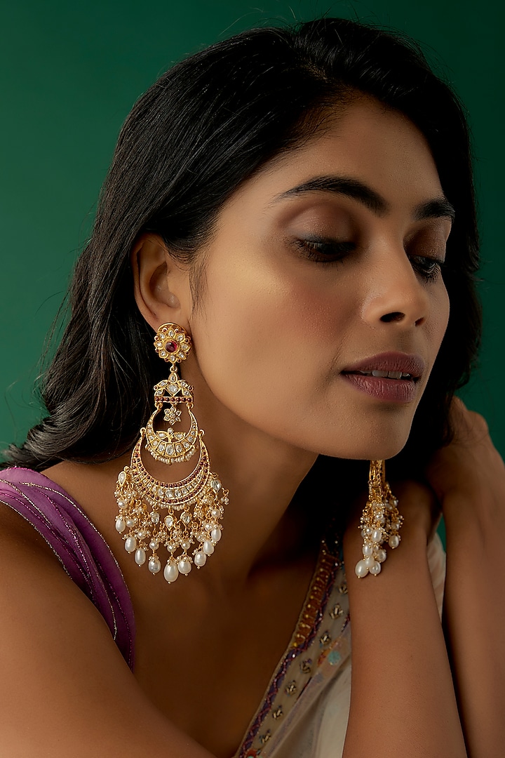 Gold Plated Moissanite Polki & Red Quartz Chandbaali Earrings In Sterling Silver by Kiara Luxe at Pernia's Pop Up Shop