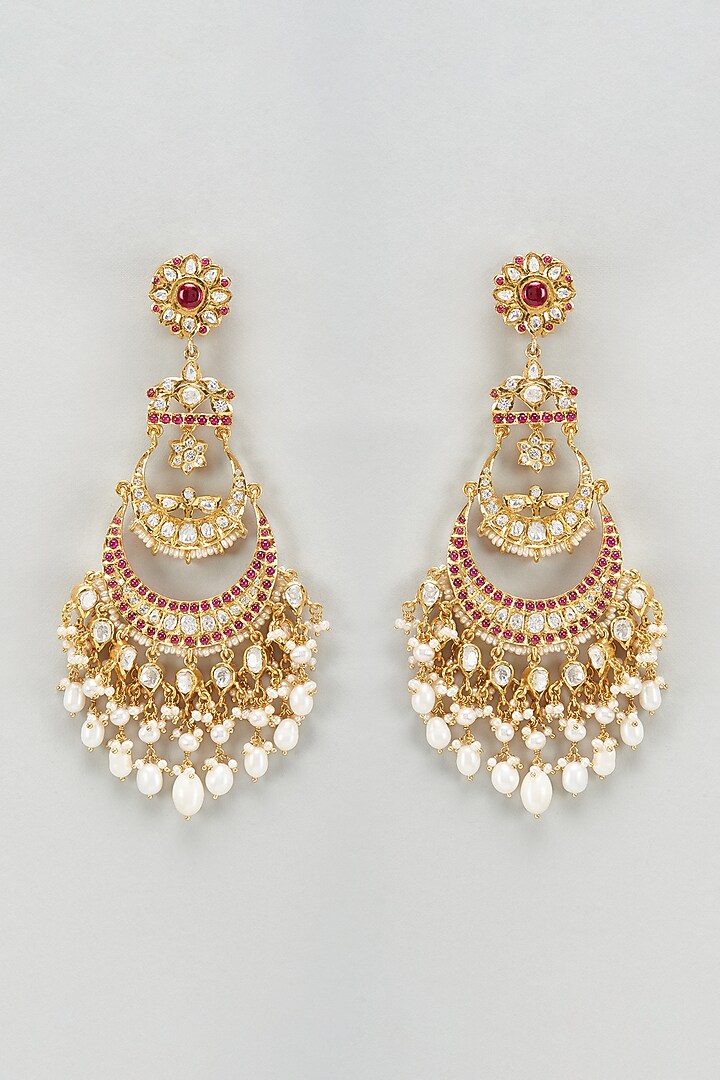 Gold Plated Moissanite Polki & Red Quartz Chandbaali Earrings In Sterling Silver by Kiara Luxe at Pernia's Pop Up Shop