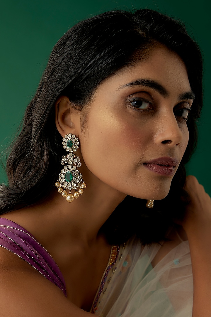 Black Rhodium Plated Moissanite Polki & Freshwater Pearl Dangler Earrings In Sterling Silver by Kiara Luxe at Pernia's Pop Up Shop