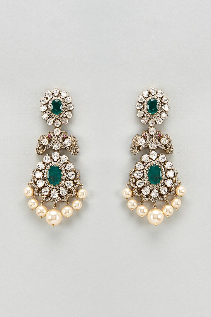 Black Rhodium Plated Moissanite Polki & Freshwater Pearl Dangler Earrings In Sterling Silver by Kiara Luxe at Pernia's Pop Up Shop