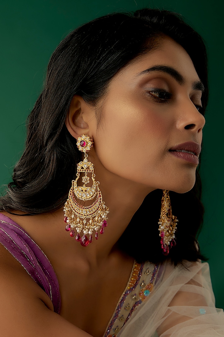 Gold Plated Moissanite Polki & Red Quartz Chandbaali Earrings In Sterling Silver by Kiara Luxe at Pernia's Pop Up Shop