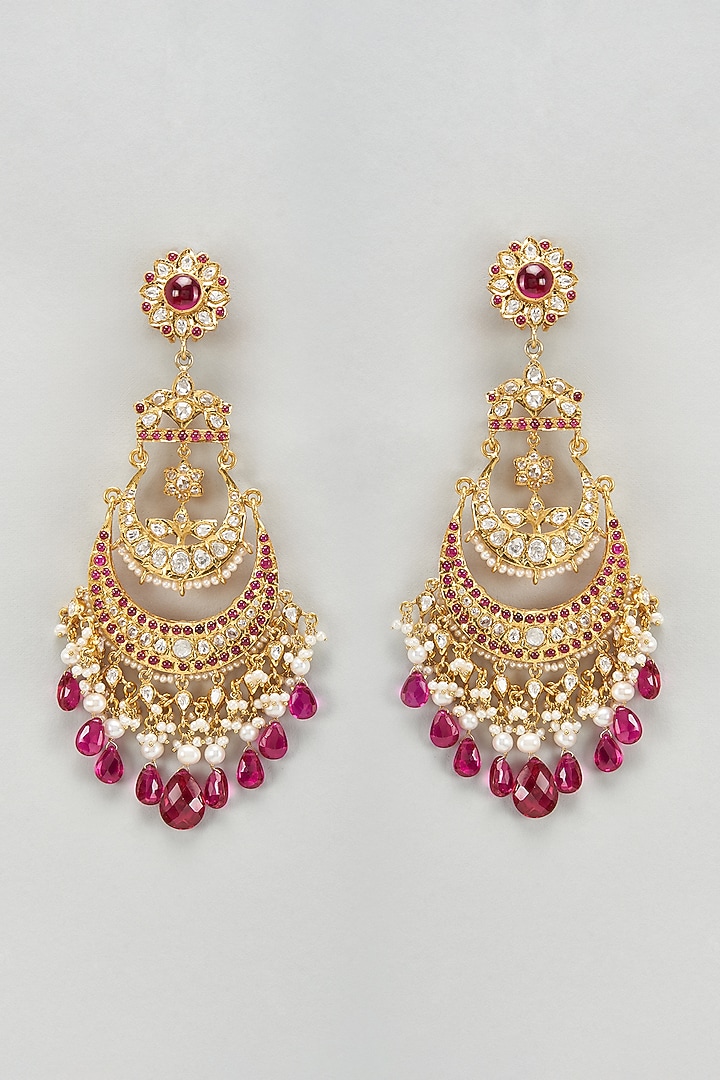 Gold Plated Moissanite Polki & Red Quartz Chandbaali Earrings In Sterling Silver by Kiara Luxe at Pernia's Pop Up Shop