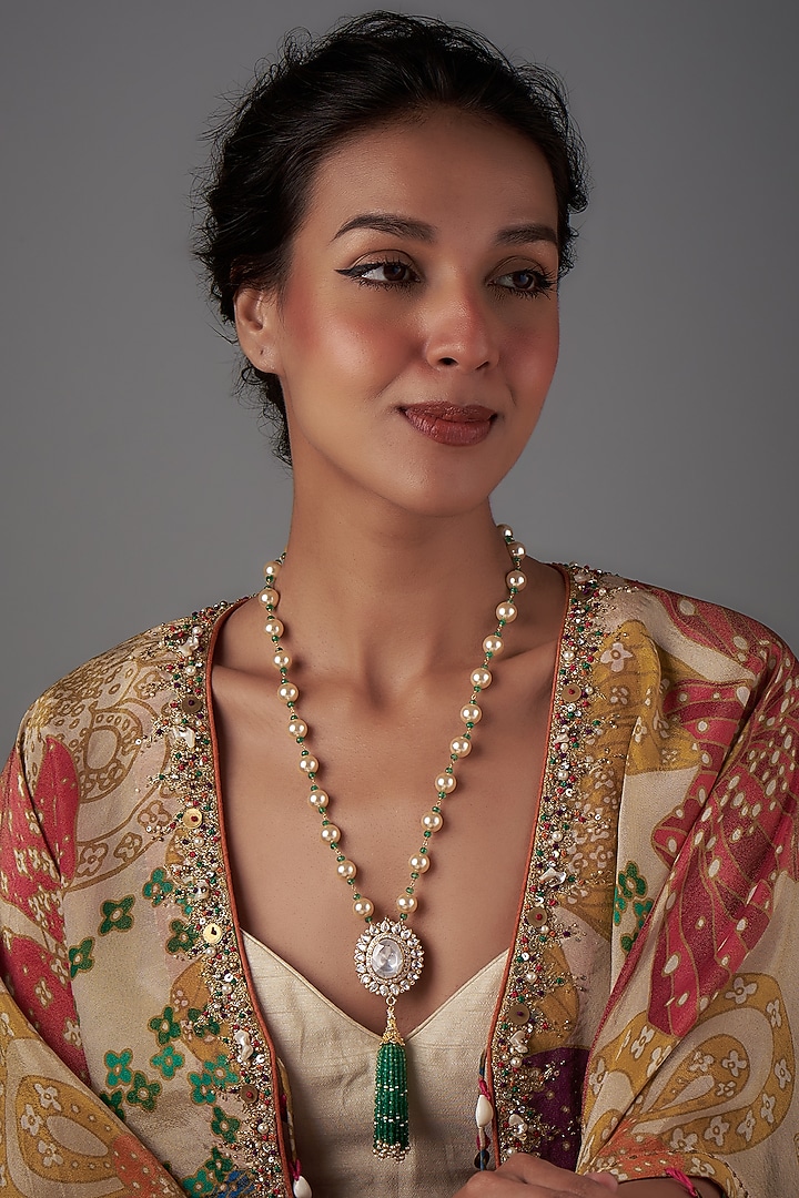 Gold Plated Moissanite Polki & Freshwater Pearl Long Necklace In Sterling Silver by Kiara Luxe at Pernia's Pop Up Shop