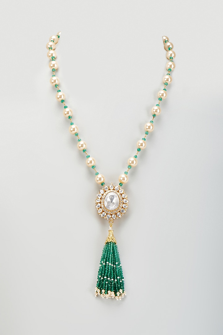 Gold Plated Moissanite Polki & Freshwater Pearl Long Necklace In Sterling Silver by Kiara Luxe at Pernia's Pop Up Shop