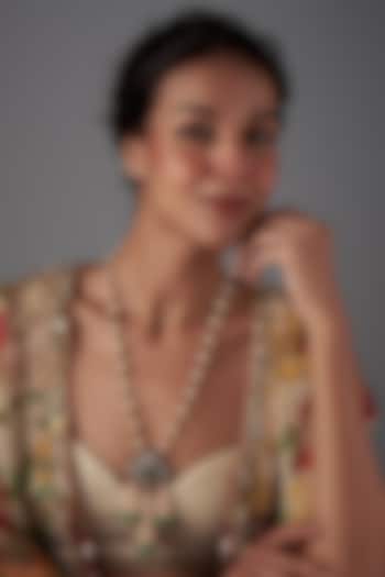 Black Rhodium Plated Moissanite Polki & Freshwater Pearl Long Necklace In Sterling Silver by Kiara Luxe at Pernia's Pop Up Shop