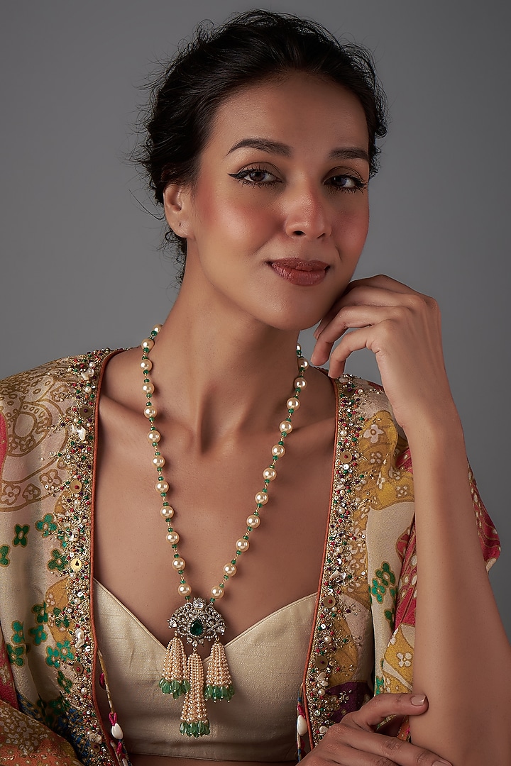 Black Rhodium Plated Moissanite Polki & Freshwater Pearl Long Necklace In Sterling Silver by Kiara Luxe at Pernia's Pop Up Shop