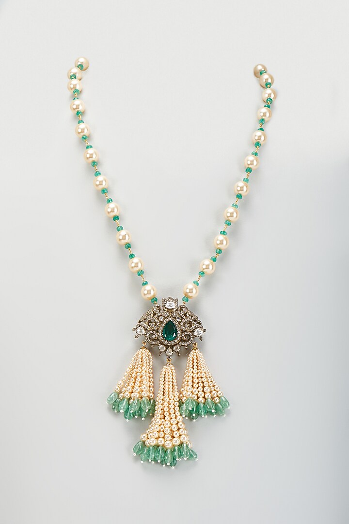 Black Rhodium Plated Moissanite Polki & Freshwater Pearl Long Necklace In Sterling Silver by Kiara Luxe at Pernia's Pop Up Shop