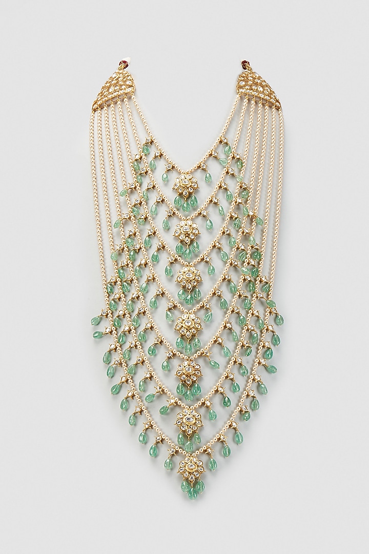 Gold Plated Moissanite Polki & Freshwater Pearl Layered Necklace In Sterling Silver by Kiara Luxe at Pernia's Pop Up Shop