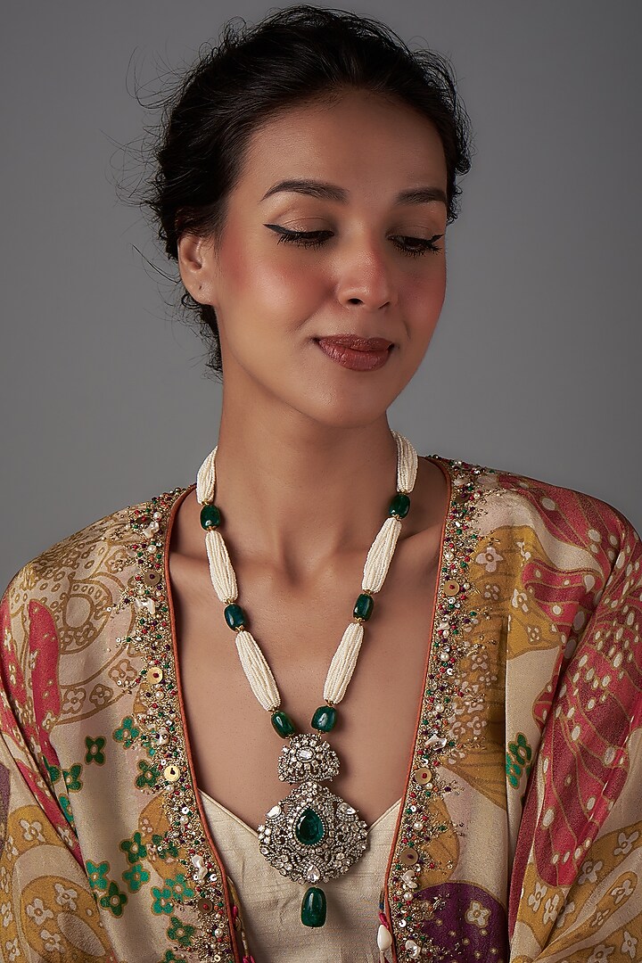 Black Rhodium Plated Moissanite Polki & Freshwater Pearl Long Necklace In Sterling Silver by Kiara Luxe at Pernia's Pop Up Shop