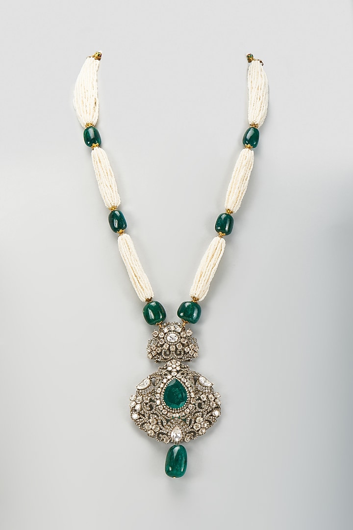 Black Rhodium Plated Moissanite Polki & Freshwater Pearl Long Necklace In Sterling Silver by Kiara Luxe at Pernia's Pop Up Shop