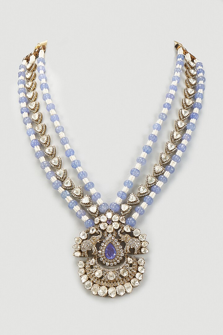 Black Rhodium Plated Moissanite Polki & Freshwater Pearl Long Necklace In Sterling Silver by Kiara Luxe at Pernia's Pop Up Shop