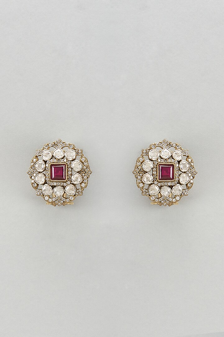 Black Rhodium Plated Moissanite Polki & Red Dublet Stone Stud Earrings In Sterling Silver by Kiara Luxe at Pernia's Pop Up Shop