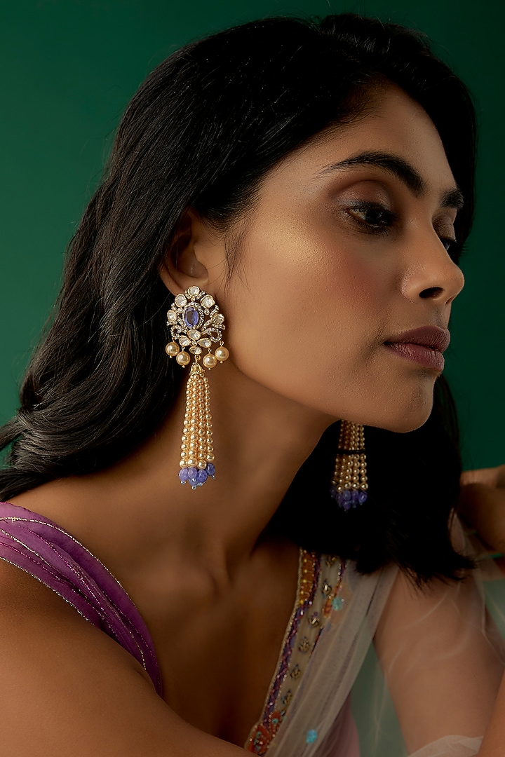 Gold Plated Moissanite Polki & Amethyst Dangler Earrings In Sterling Silver by Kiara Luxe at Pernia's Pop Up Shop