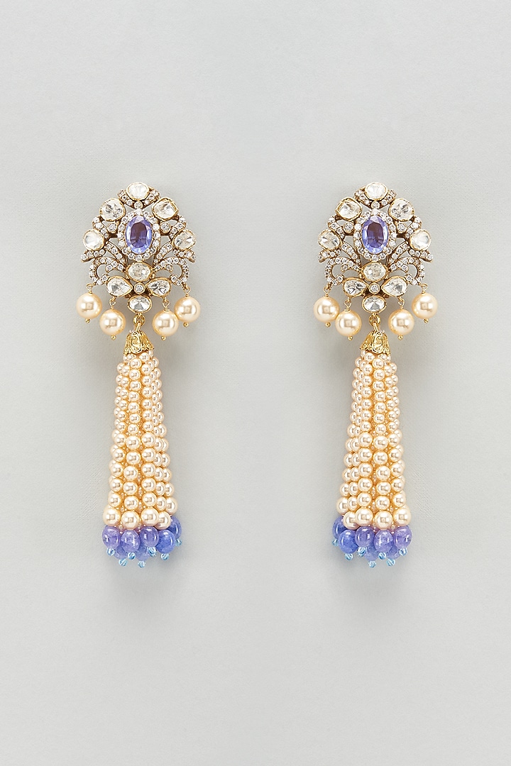 Gold Plated Moissanite Polki & Amethyst Dangler Earrings In Sterling Silver by Kiara Luxe at Pernia's Pop Up Shop