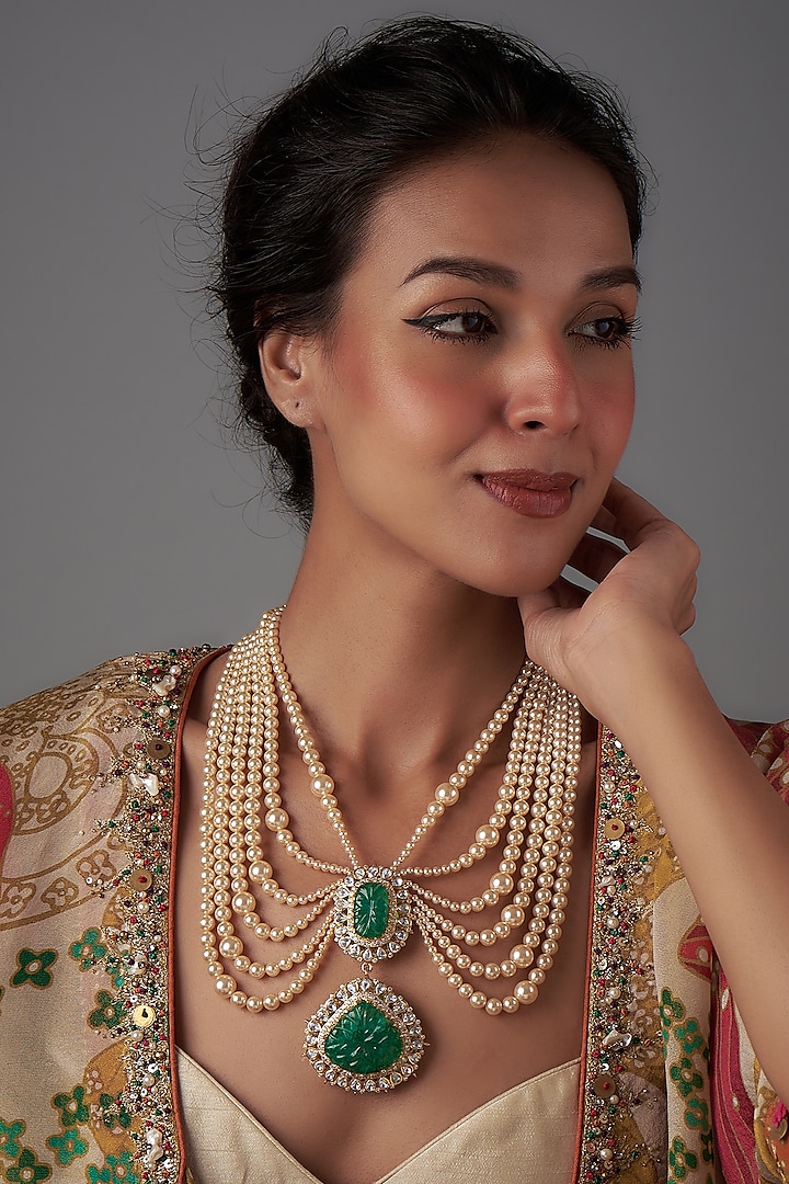 Gold Plated Moissanite Polki & Carved Green Onyx Layered Necklace In Sterling Silver by Kiara Luxe