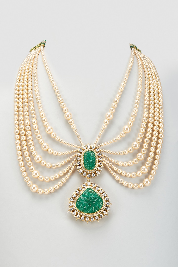 Gold Plated Moissanite Polki & Carved Green Onyx Layered Necklace In Sterling Silver by Kiara Luxe at Pernia's Pop Up Shop