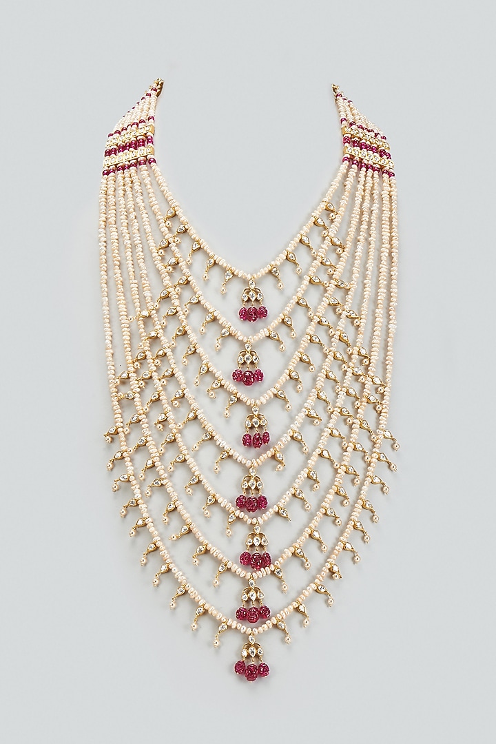 Gold Plated Moissanite Polki & Red Carved Quartz Stone Layered Necklace In Sterling Silver by Kiara Luxe at Pernia's Pop Up Shop