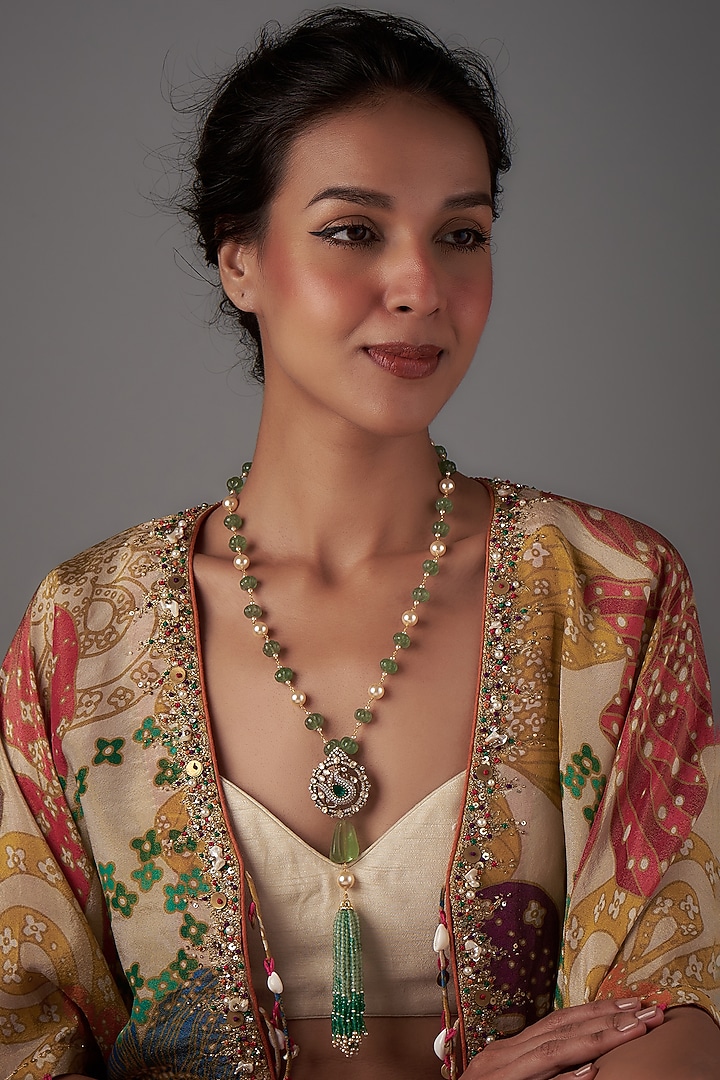 Gold Plated Moissanite Polki & Freshwater Pearl Long Necklace In Sterling Silver by Kiara Luxe at Pernia's Pop Up Shop