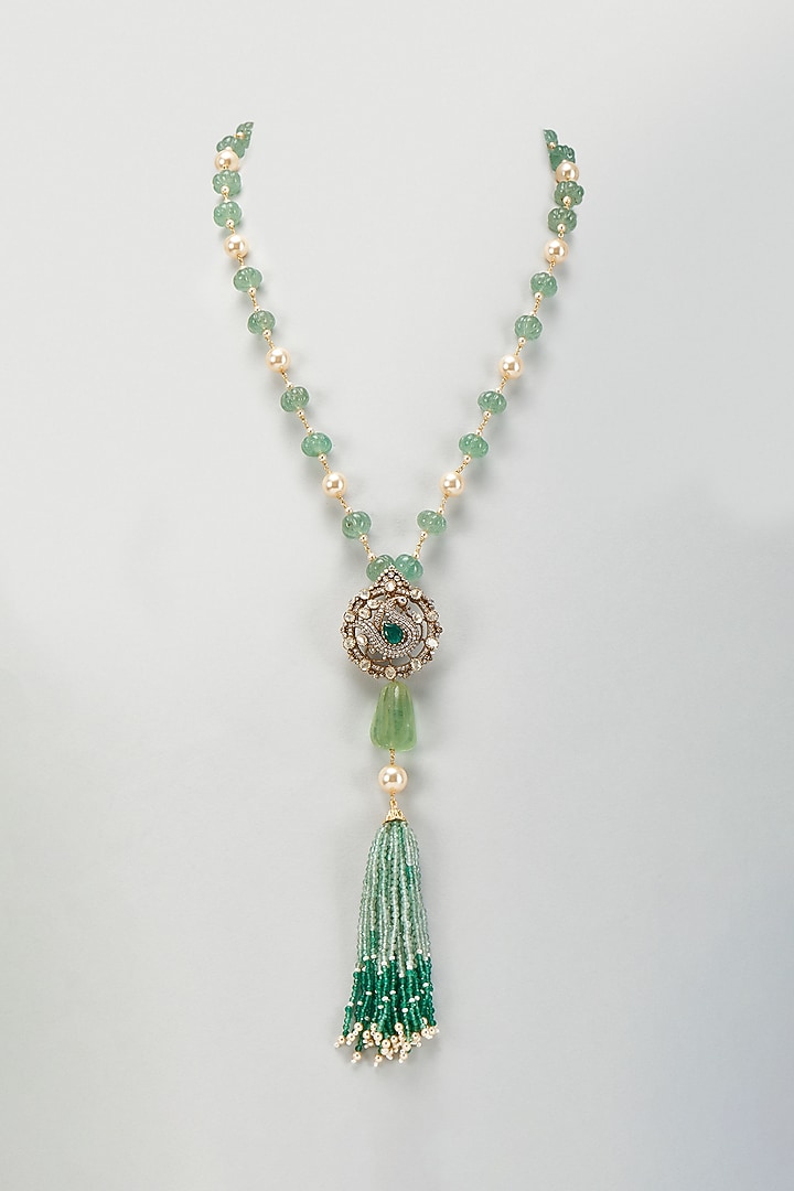 Gold Plated Moissanite Polki & Freshwater Pearl Long Necklace In Sterling Silver by Kiara Luxe at Pernia's Pop Up Shop