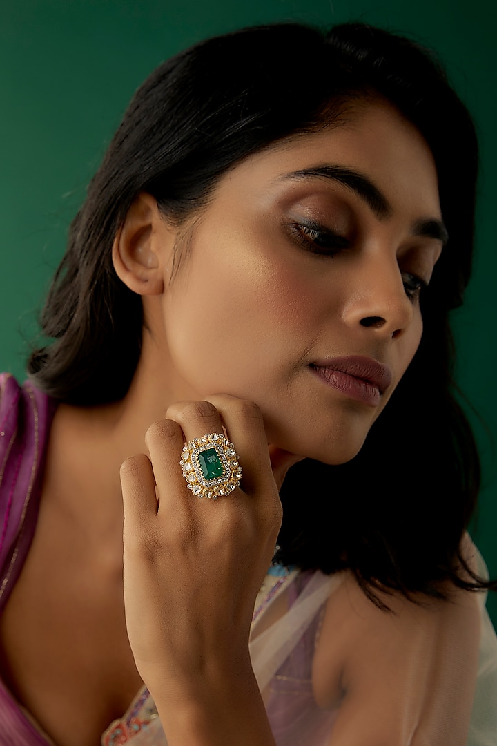 Gold Plated Moissanite Polki & Green Dublet Stone Ring In Sterling Silver by Kiara Luxe at Pernia's Pop Up Shop