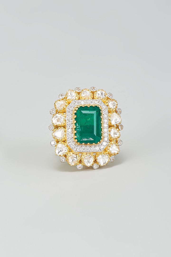 Gold Plated Moissanite Polki & Green Dublet Stone Ring In Sterling Silver by Kiara Luxe at Pernia's Pop Up Shop