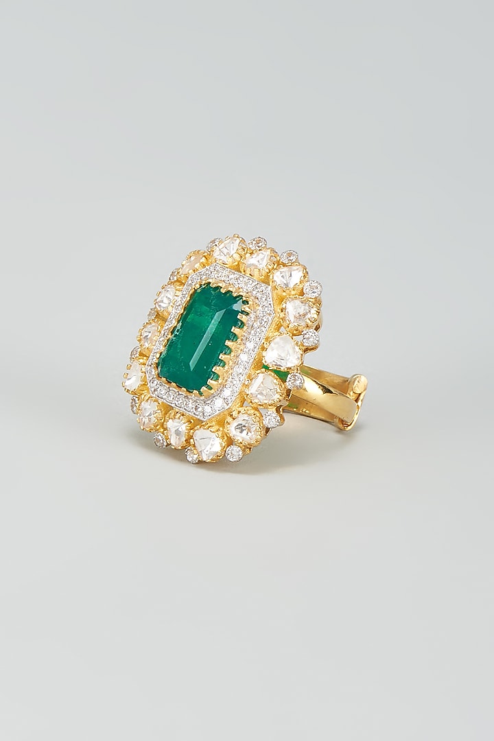 Gold Plated Moissanite Polki & Green Dublet Stone Ring In Sterling Silver by Kiara Luxe at Pernia's Pop Up Shop