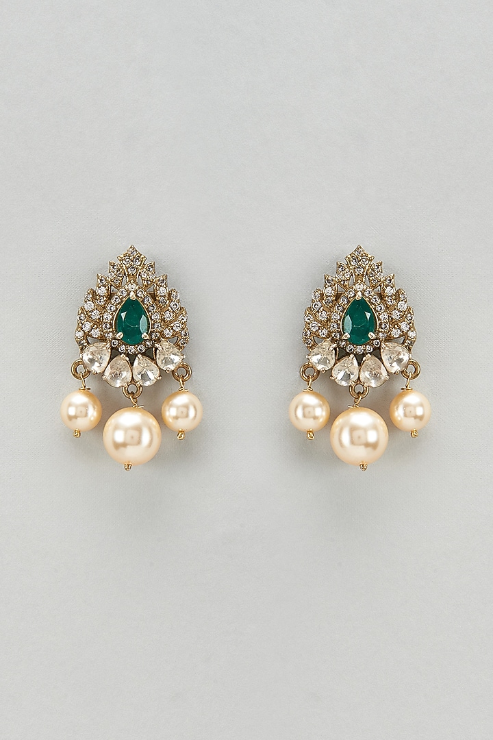 Black Rhodium Plated Moissanite Polki & Green Onyx Dangler Earrings In Sterling Silver by Kiara Luxe at Pernia's Pop Up Shop