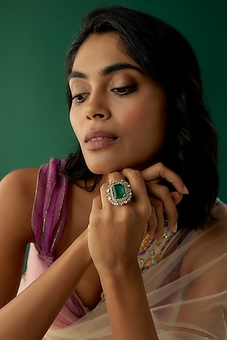 Black Rhodium Plated Moissanite Polki & Green Dublet Stone Ring In Sterling Silver by Kiara Luxe