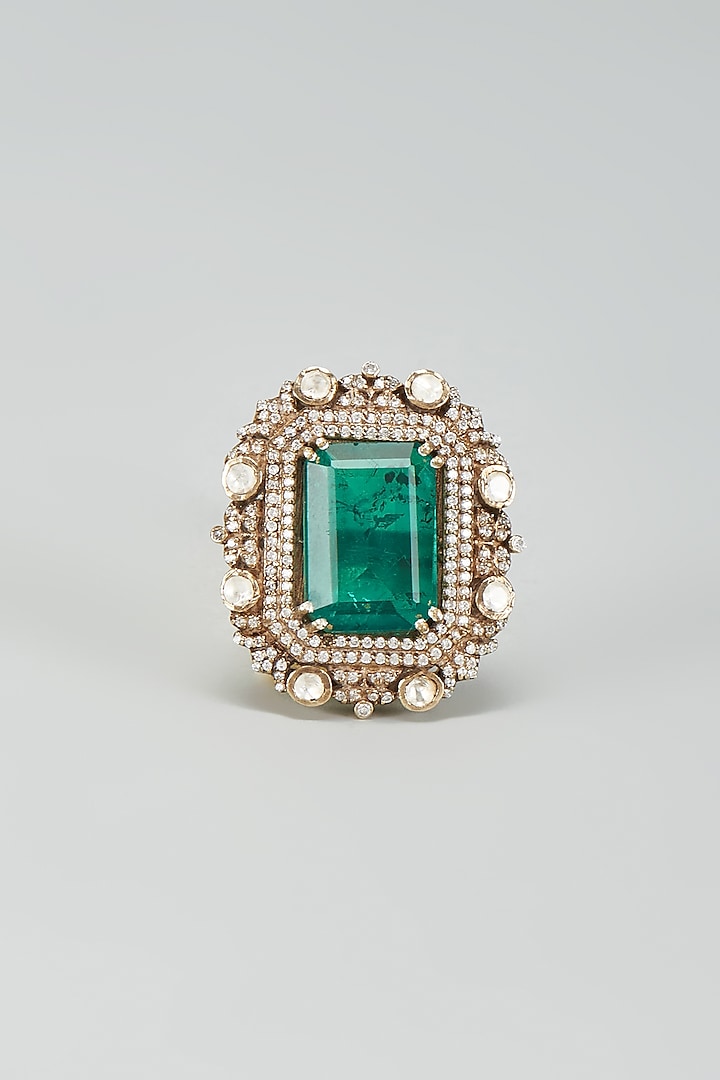 Black Rhodium Plated Moissanite Polki & Green Dublet Stone Ring In Sterling Silver by Kiara Luxe at Pernia's Pop Up Shop