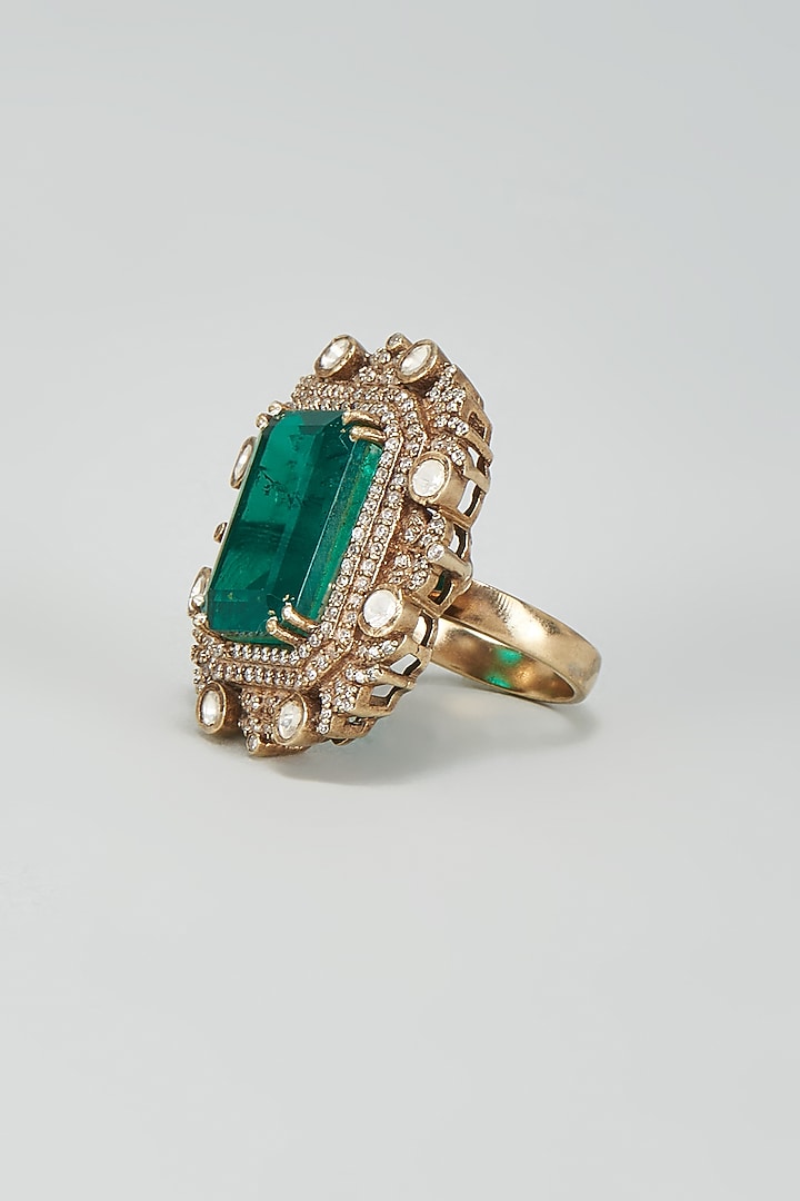 Black Rhodium Plated Moissanite Polki & Green Dublet Stone Ring In Sterling Silver by Kiara Luxe at Pernia's Pop Up Shop