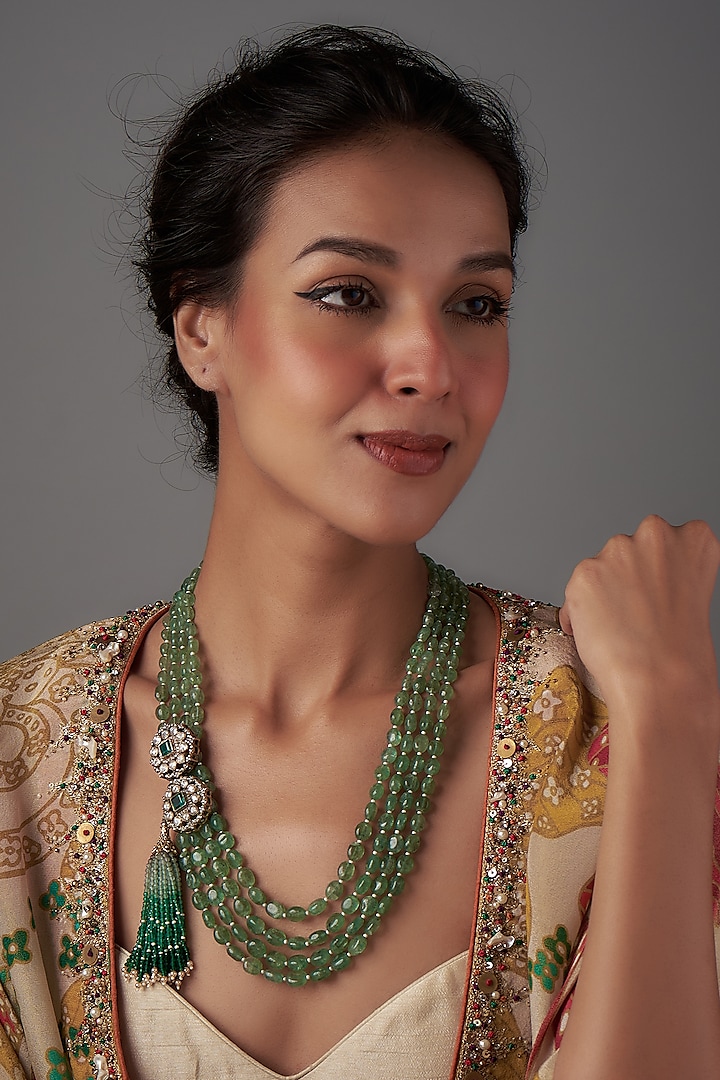 Black Rhodium Plated Moissanite Polki & Green Berrel Stone Long Necklace In Sterling Silver by Kiara Luxe at Pernia's Pop Up Shop