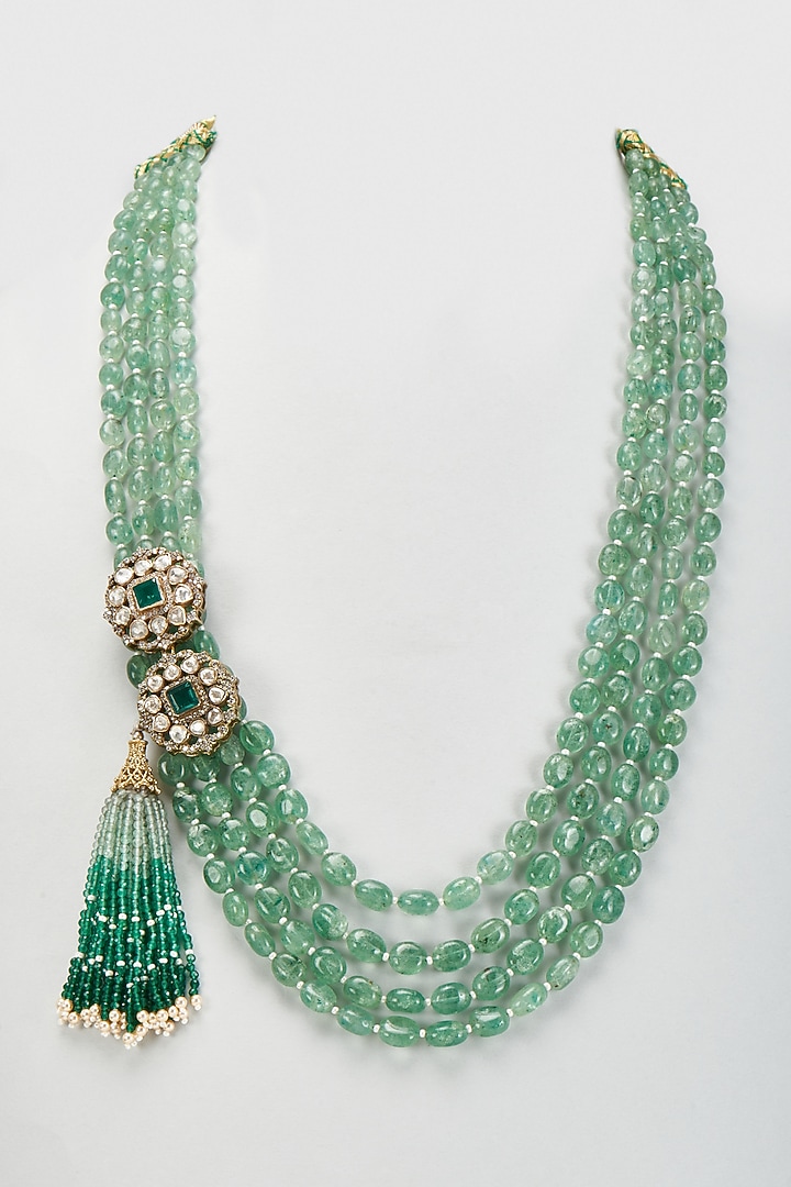 Black Rhodium Plated Moissanite Polki & Green Berrel Stone Long Necklace In Sterling Silver by Kiara Luxe at Pernia's Pop Up Shop