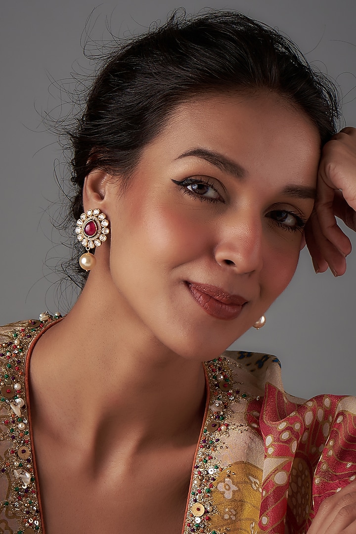 Gold Plated Moissanite Polki & Red Quartz Stud Earrings In Sterling Silver by Kiara Luxe at Pernia's Pop Up Shop