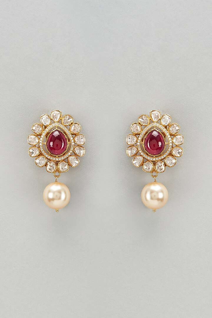 Gold Plated Moissanite Polki & Red Quartz Stud Earrings In Sterling Silver by Kiara Luxe at Pernia's Pop Up Shop