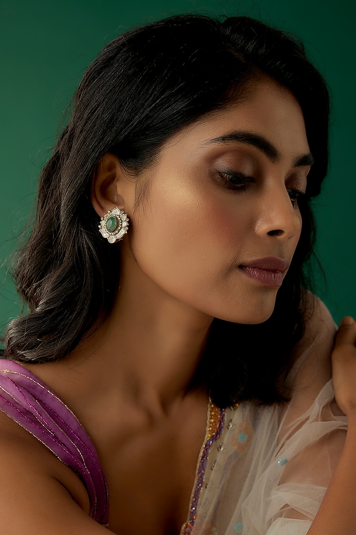 Gold Plated Moissanite Polki & Green Beryl Stone Stud Earrings In Sterling Silver by Kiara Luxe at Pernia's Pop Up Shop