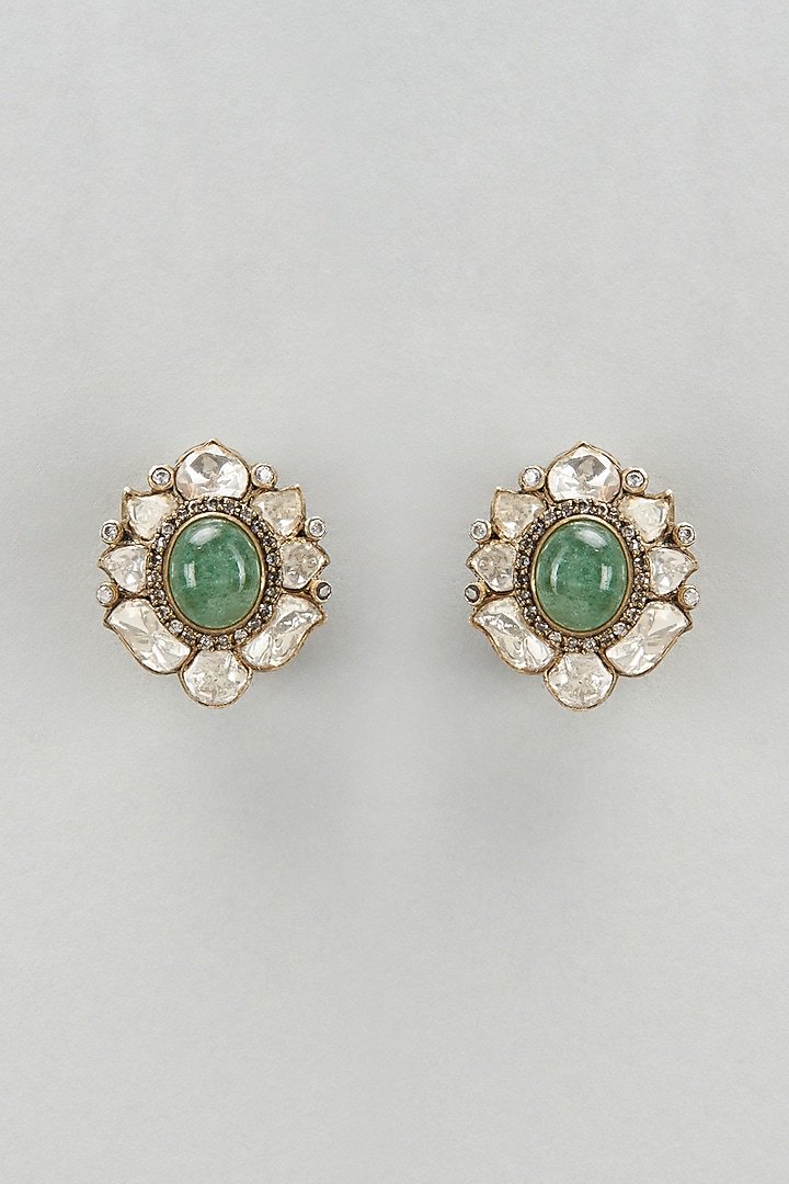 Gold Plated Moissanite Polki & Green Beryl Stone Stud Earrings In Sterling Silver by Kiara Luxe at Pernia's Pop Up Shop