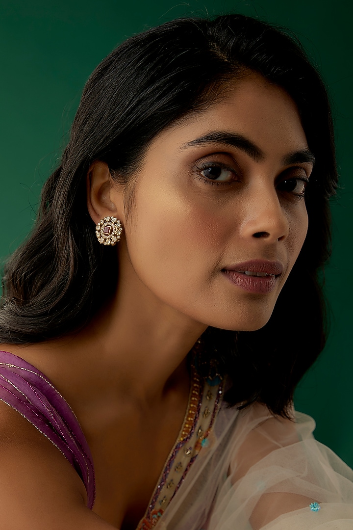 Gold Plated Moissanite Polki & Red Quartz Stud Earrings In Sterling Silver by Kiara Luxe at Pernia's Pop Up Shop
